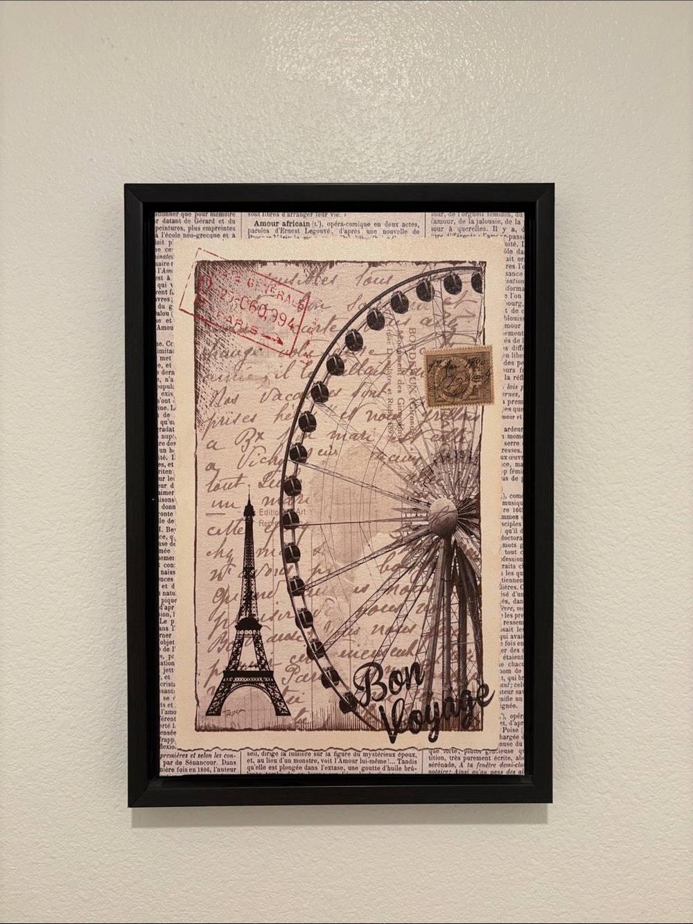Vintage Paris Bon Voyage Wall Art Print in Black and Cream